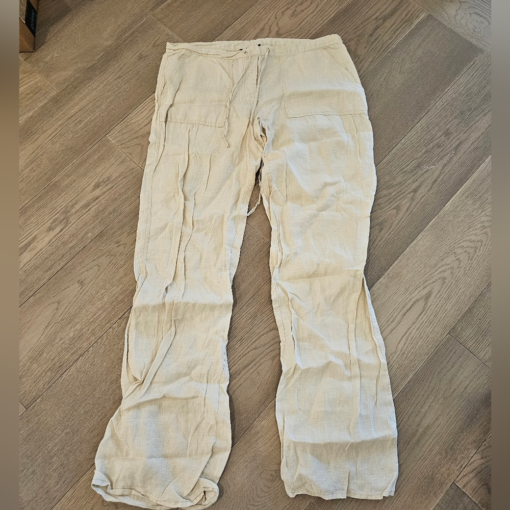 Beige Linen Straightleg Drawstring Pants